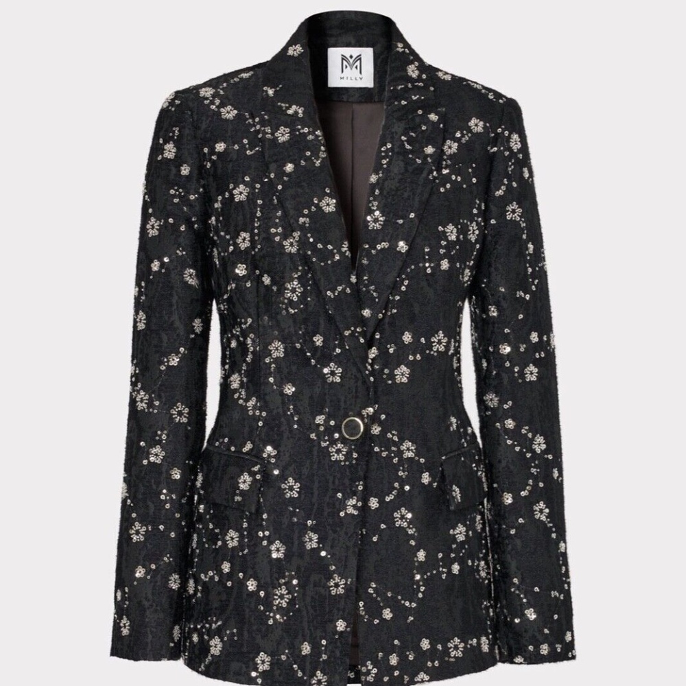 MILLY ALEXA BEADED SEQUINS SINGLE BUTTON BLACK BLAZER SIZE 2 $550